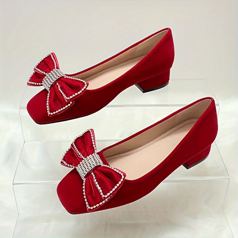 

Women's Bowknot Decor Chunky Heels, Elegant Square Toe Dress Pumps, Fashion Slip On Wedding Shoes