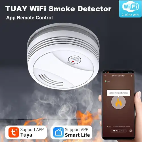 1pc Tuya Wifi Détecteur De Fumée Capteur 85db Alarme Sonore Fumoir
