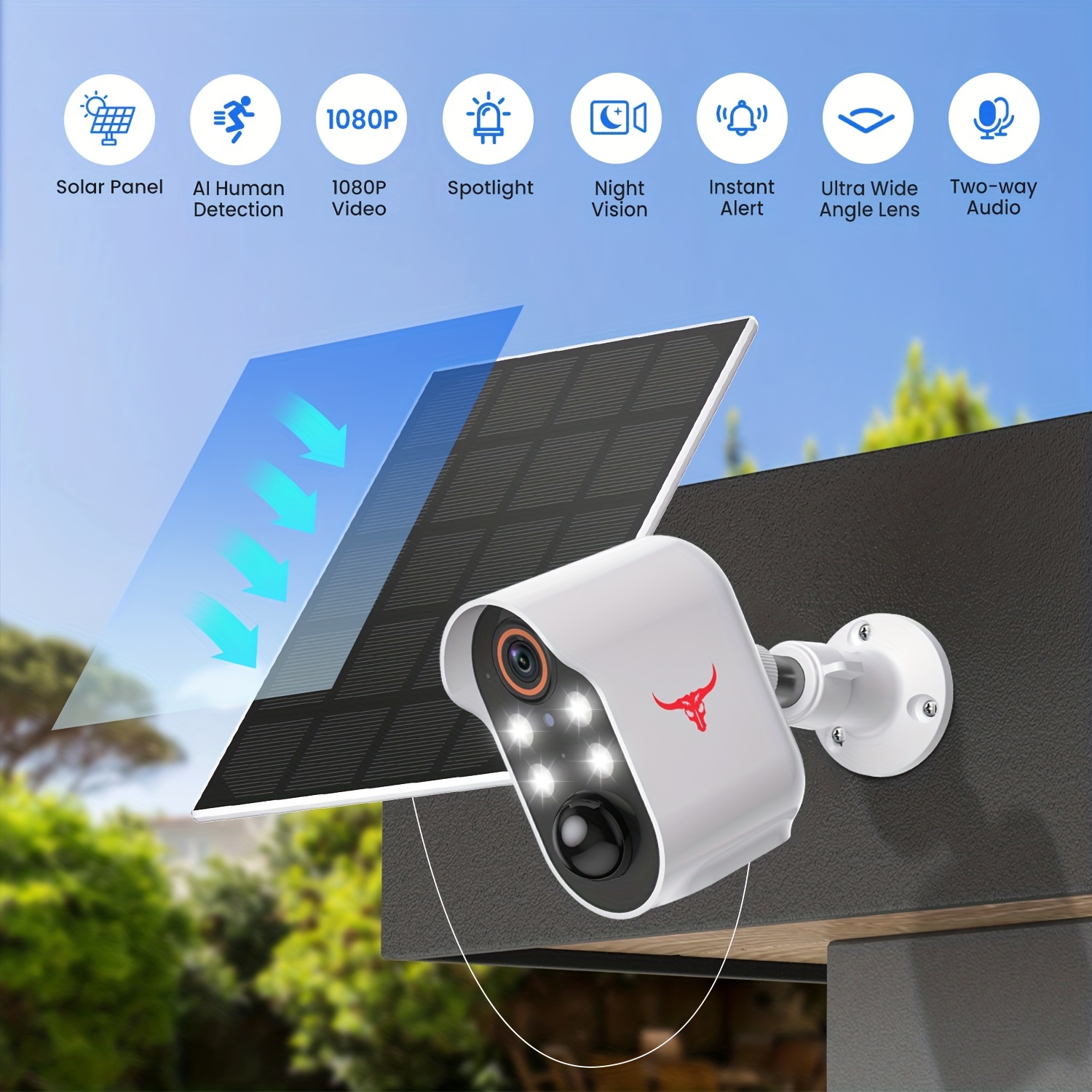 WiFi Solar Camara De Seguridad 1080P Con Audio Microfono Para Casa Y  Exterior