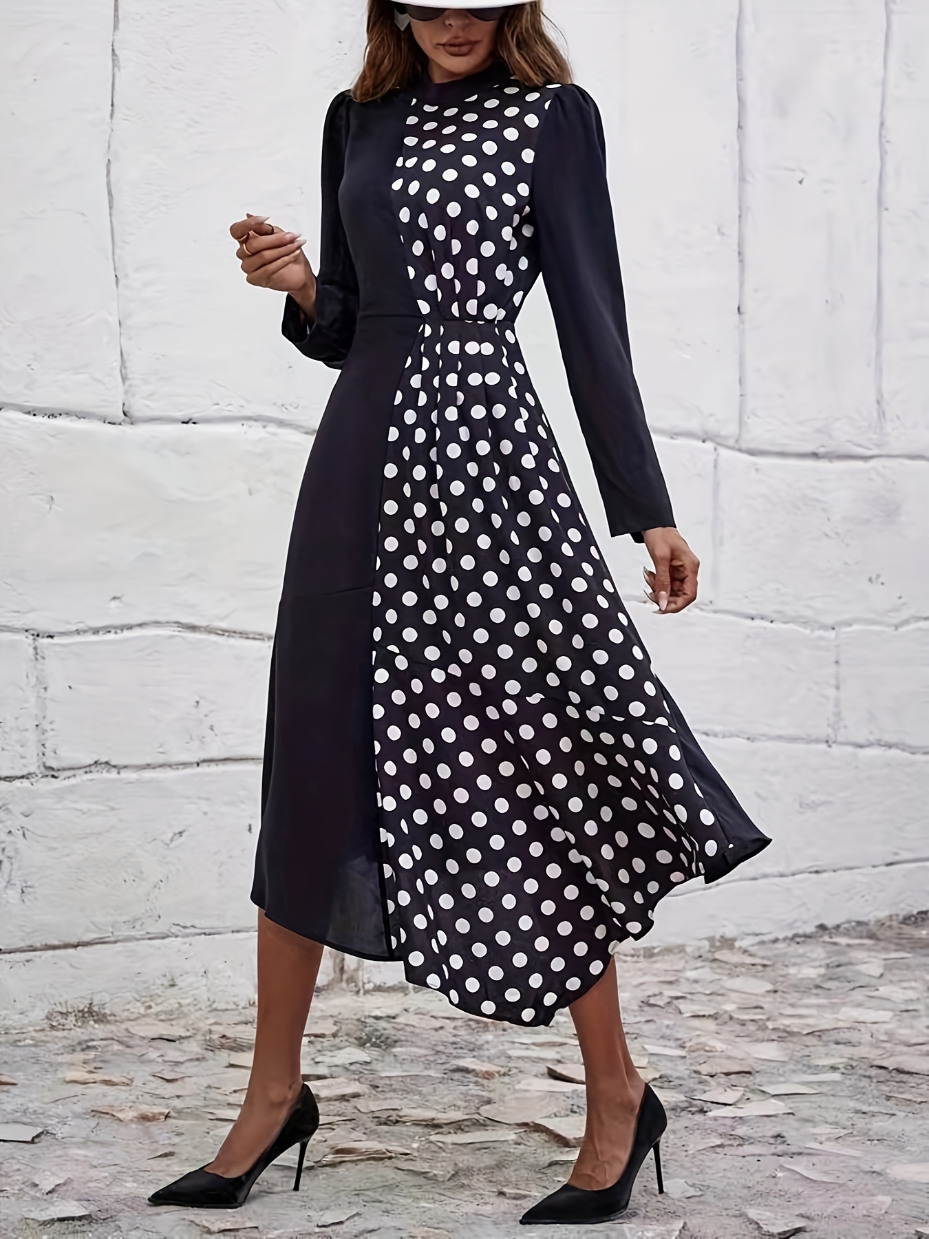 Polka Dot Contrast Dress Elegant Mock Neck Long Sleeve Midi Temu