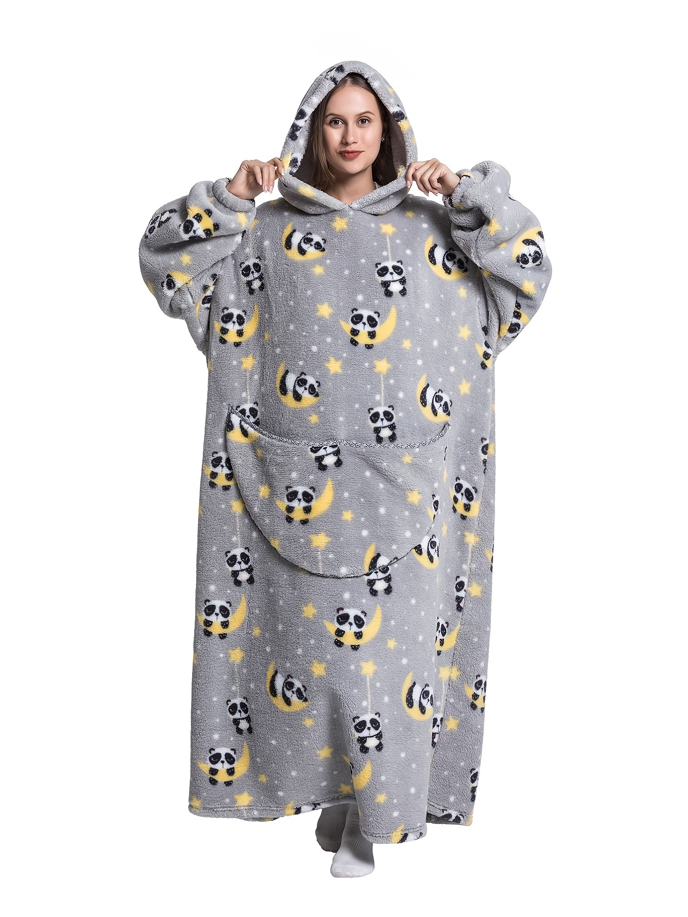 Plus Size Cartoon Graphic Pocket Flannel Blanket Hoodie, Women's Fluffy Nightgowns Panda Plush Casual Stretch Robes Sleepwear, Pajama,Temu