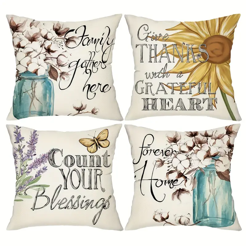 4pcs mason jar with cotton floral throw pillow covers 18 18inch vintage farmhouse family decorative cushion cases sunflower and lavender pillowcases for porch patio couch sofa living room outdoor without pillow inserts details 5