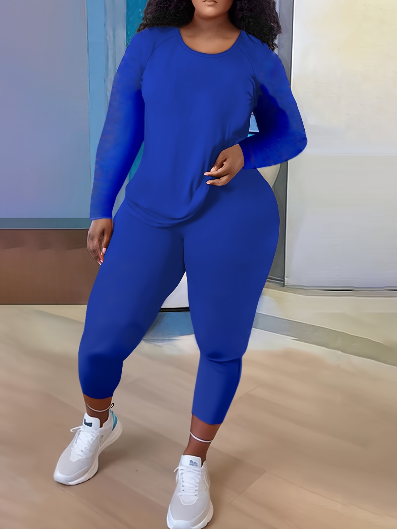 Plus Size Sporty Outfits Set Women's Plus Solid Long Sleeve - Temu Canada