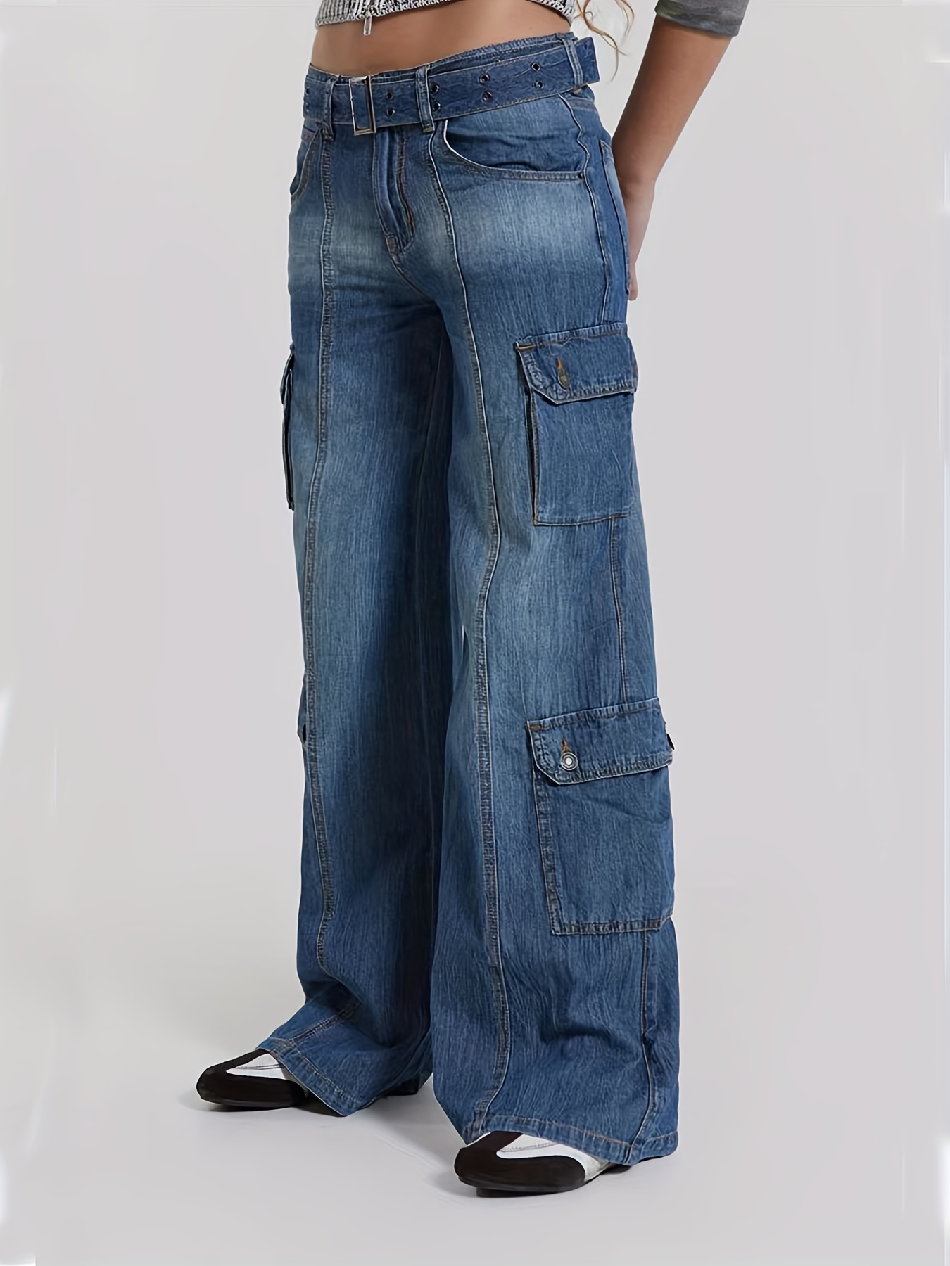 Women's High Waist Baggy Jeans Wide Leg Denim Jeans Flap Pocket