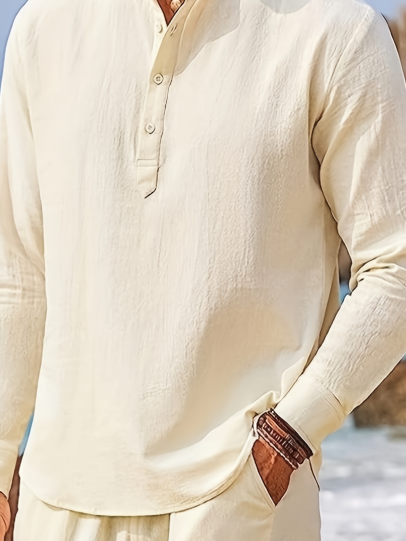 Men's Linen Blend Retro Henley Shirt Long Sleeve T shirt Tee