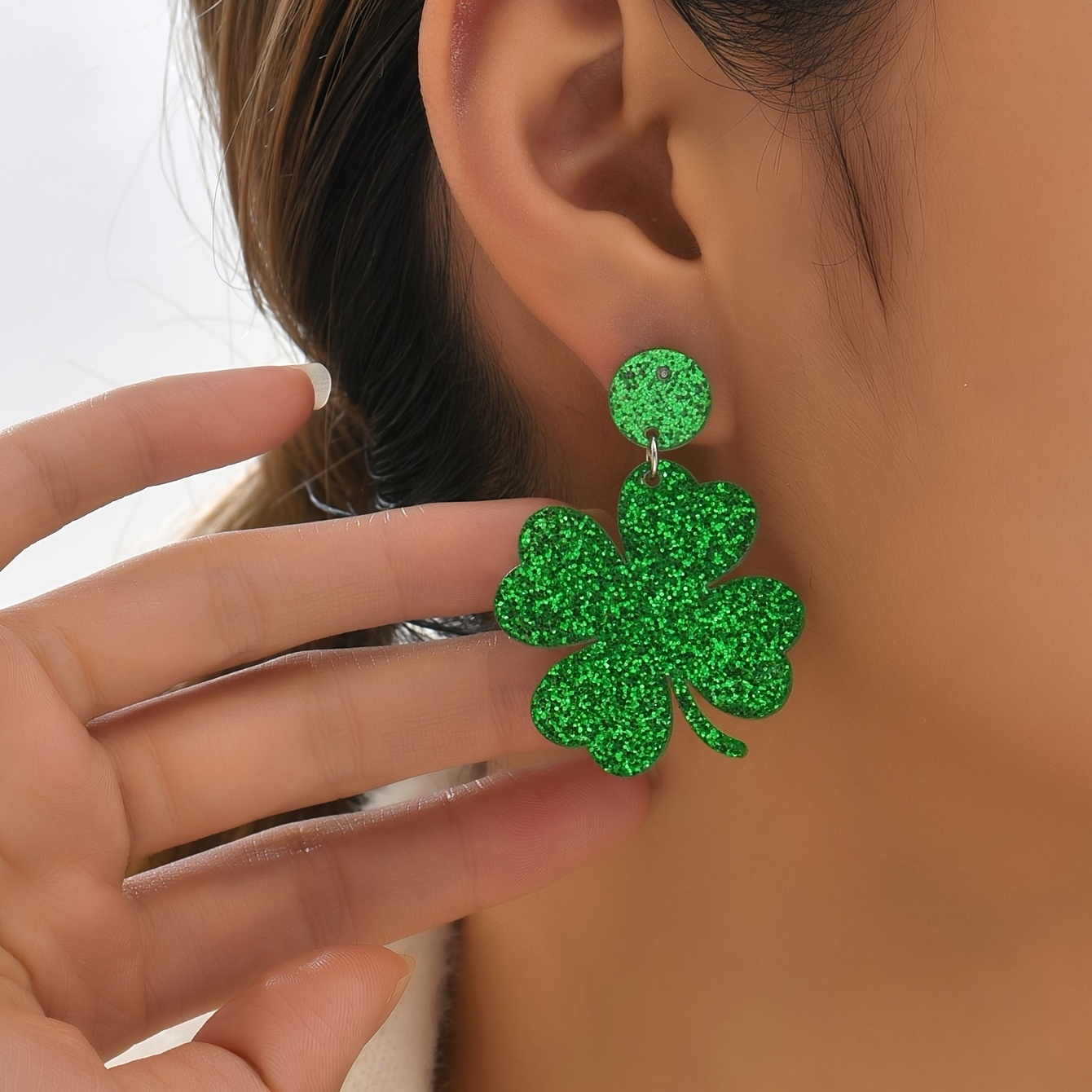 St Patricks Day Earrings Dangle, Green Shamrock Earrings, Four Leaf Clover Earrings, Irish Jewelry, Lucky Irish Earrings, Solid Green & White