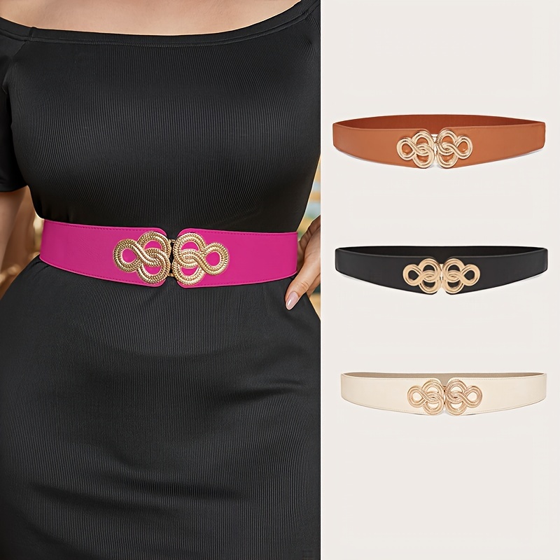 

Plus Size Elastic Wide Belts Elegant Chinese Knot Buckle Solid Color Waistband Vintage Decorative Dress Coat Girdle For Women