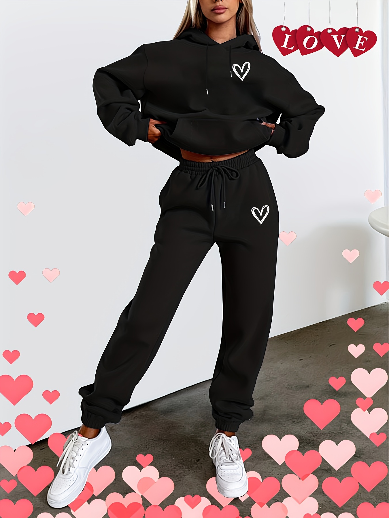 Casual Sports Set Valentine's Day Heart Graphic Long Sleeve - Temu