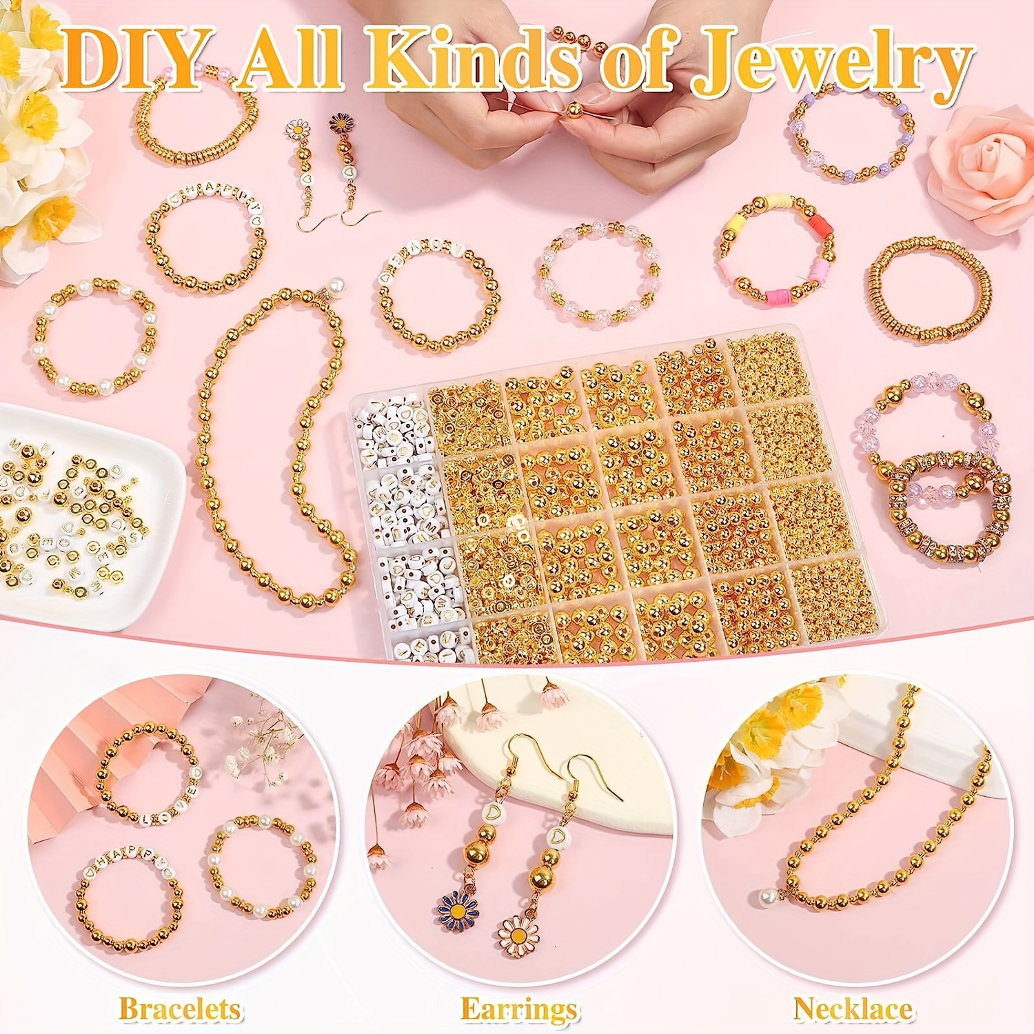 2240 Pieces Spacer Beads for Jewelry Making in 8 Styles, Assorted Gold  Beads For Bracelets Making, Round beads Flat beads Star beads Bracelet  spacers