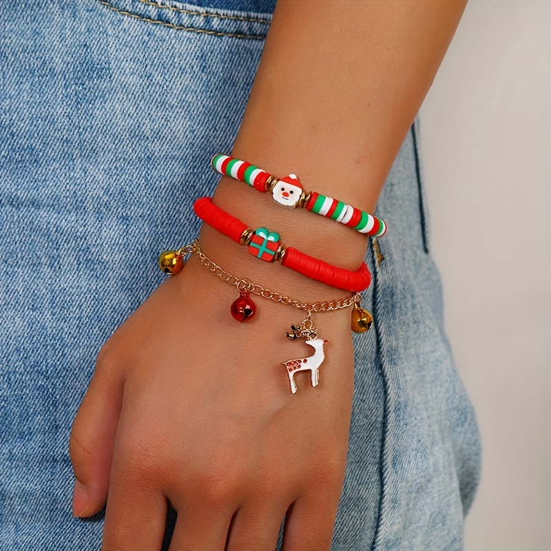 5pcs Reindeer Pendant Beaded Bracelet Set with Colorful Soft Clay Beads Stackable Hand String,Temu