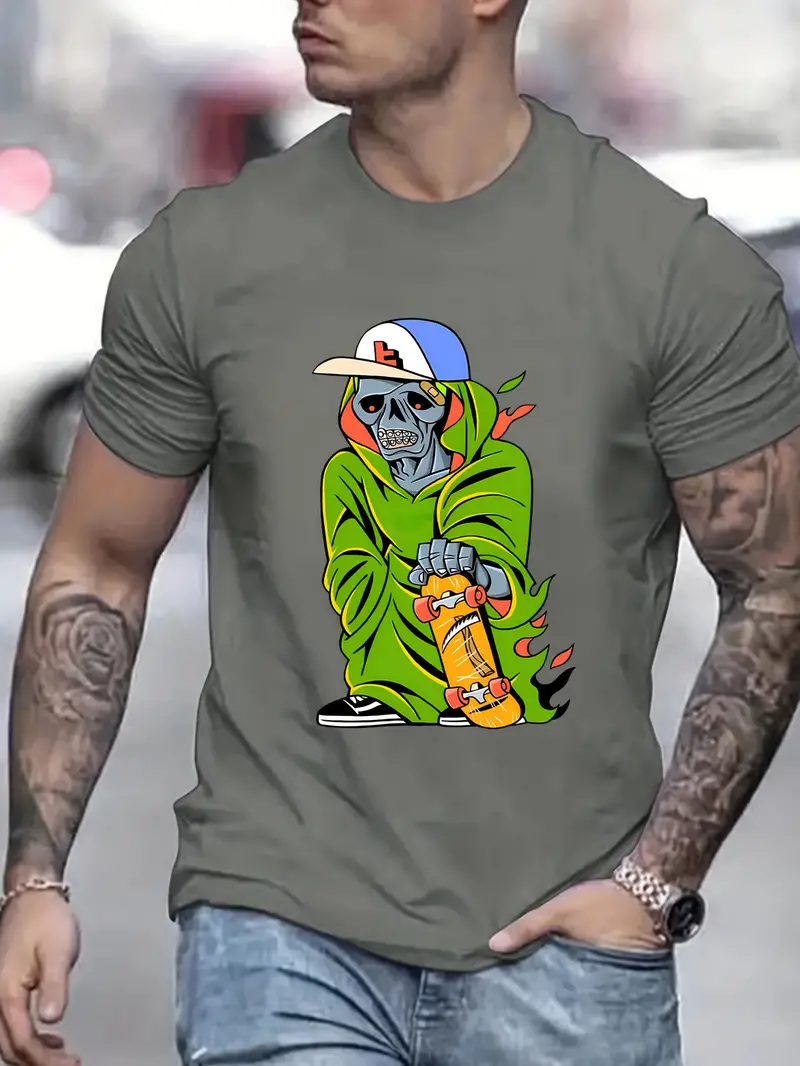 Cartoon Skeleton Skateboard Pattern T shirt Men's Casual - Temu