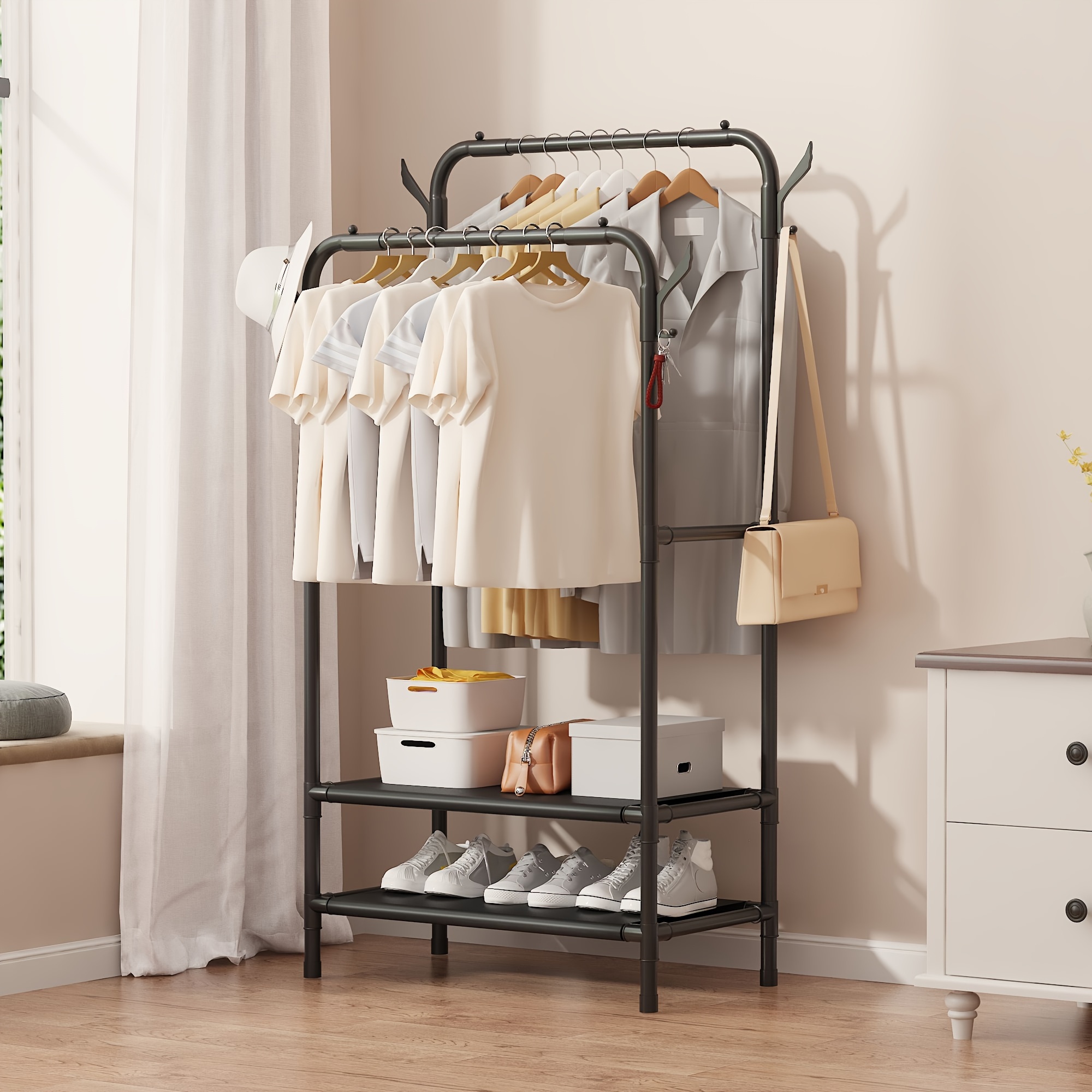 Freestanding Closet Organizer, Garment Rack with 2 Drawers