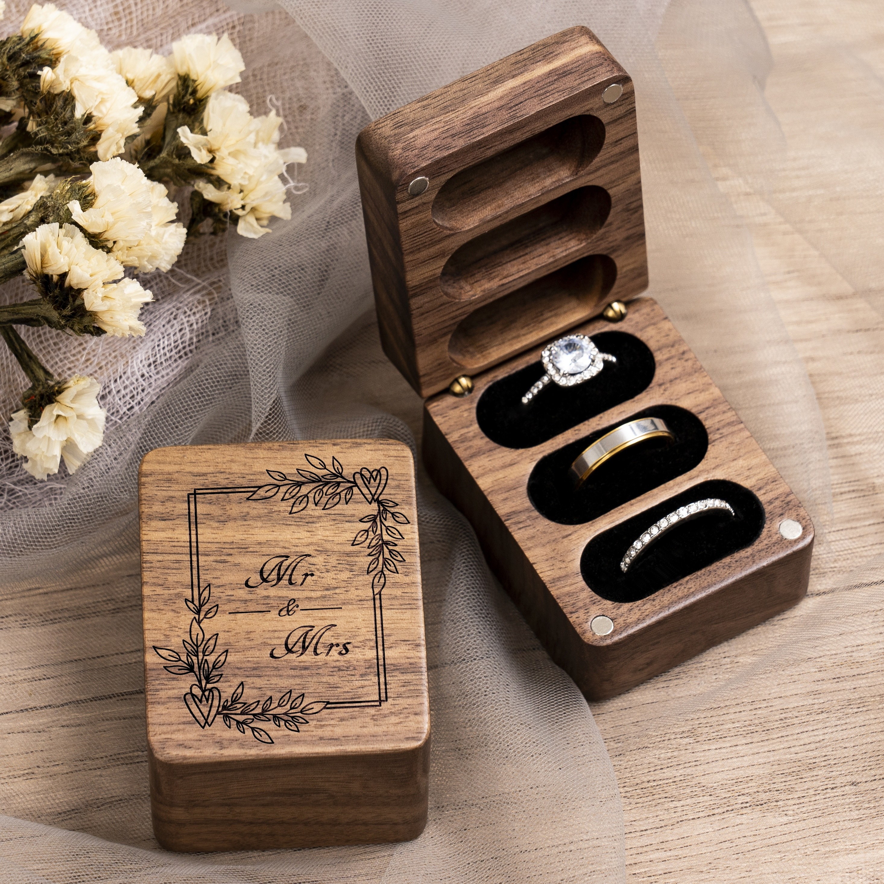 

Mr & Mrs 3 Slot Ring Box, Engraved Triple Wooden Ring Display Case Box For Wedding Ceremony Ring Bearer Upscale Anniversary Birthday Gift Ideas
