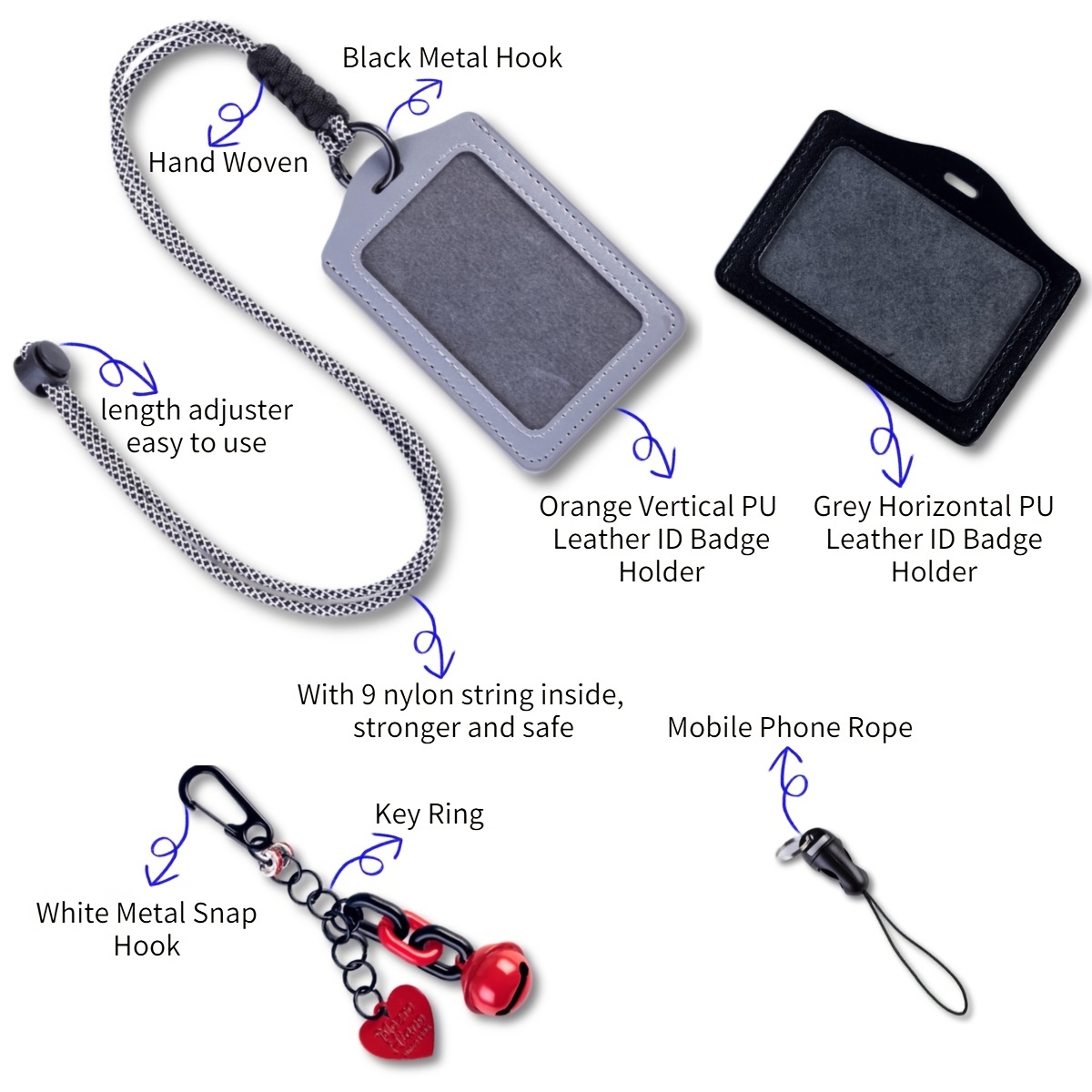 Nylon Lanyards+Metal Length Adjuster+Leather Badge Holder