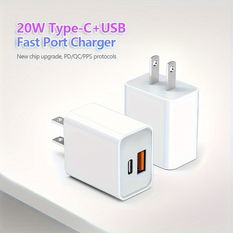 Cargador rápido USB C de 20 W PD + QC3.0 de doble puerto tipo C adaptador  de corriente de viaje portátil con cable de 2 pies compatible con teléfono