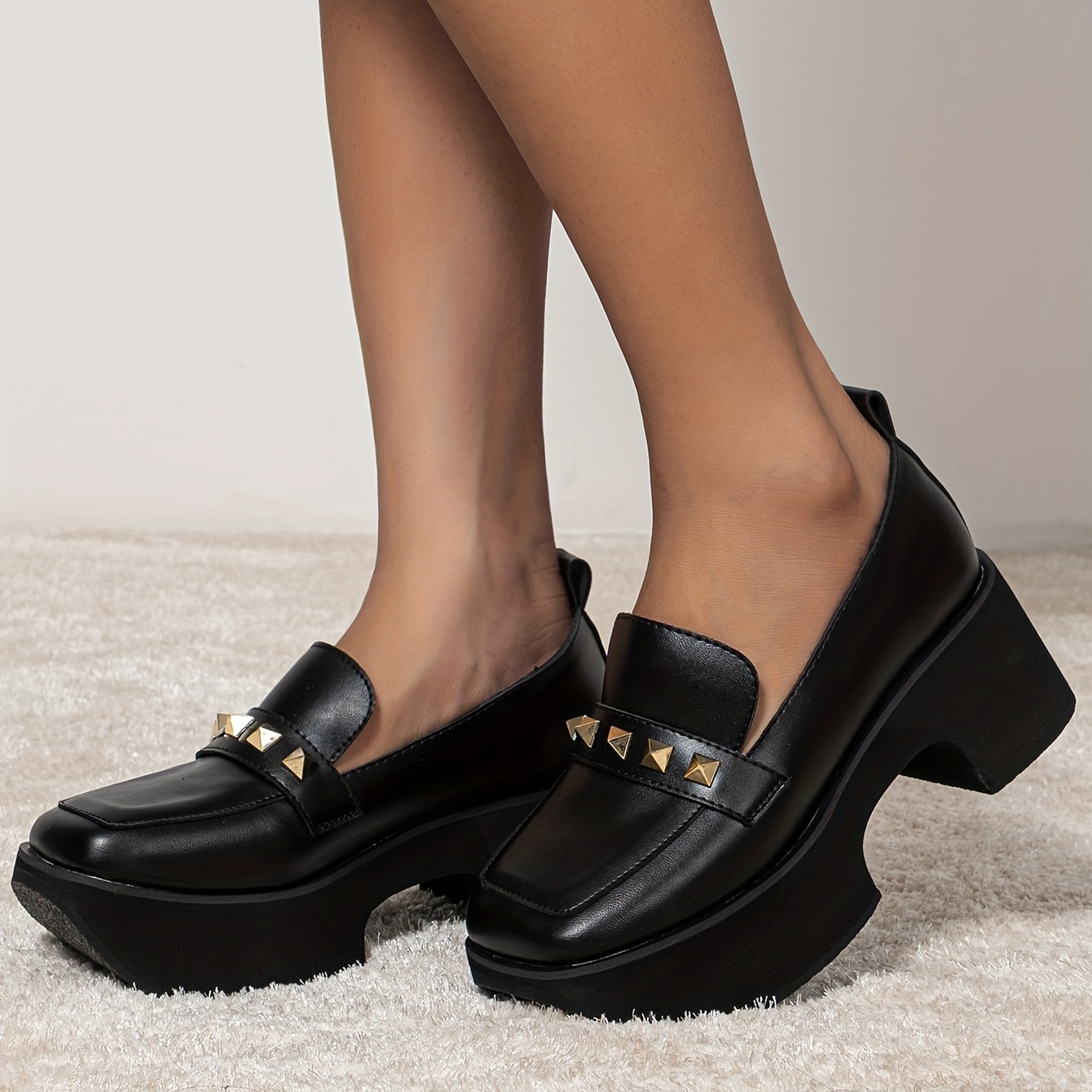Women's Metal Decor Platform Loafers Fashion Square Toe - Temu Canada