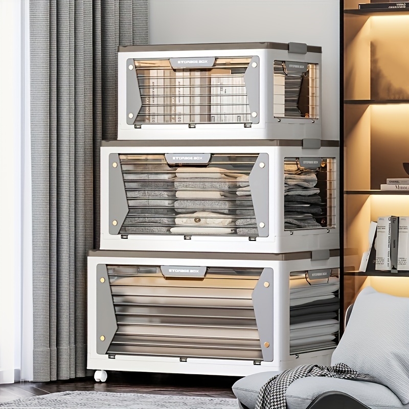 Folding Storage Box With Wheels And Doors Transparent - Temu