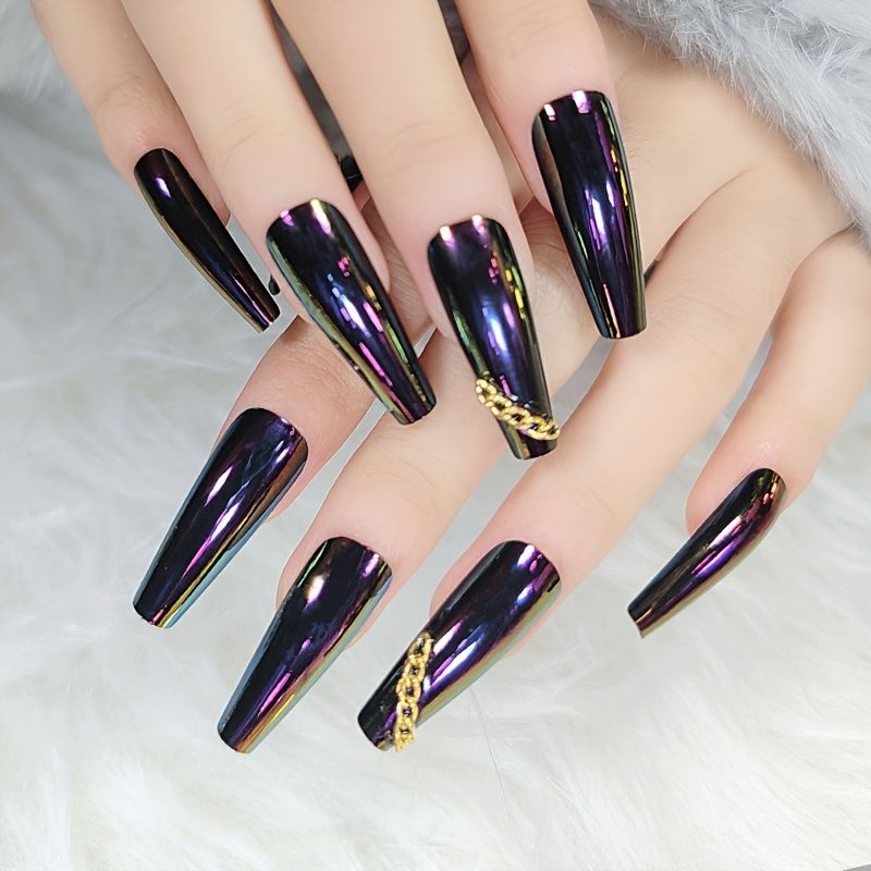 Super Long Shiny Punk Style Dark Blue Coffin Press On False Nails Metallic  Reflective Mirror Reusable Acrylic Nail Art Tips For Party Show | Shop Now  For Limited-time Deals | Temu
