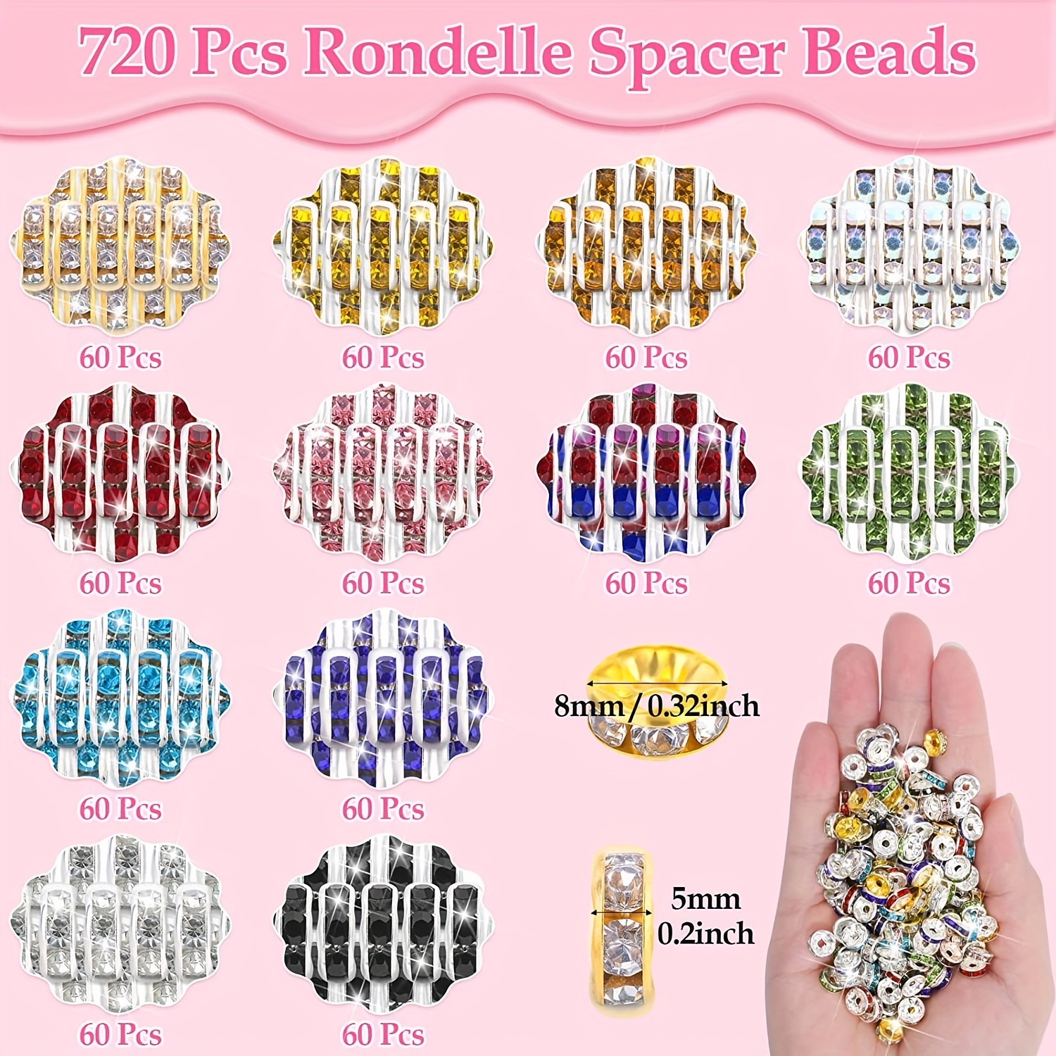 Rondelle Spacer Beads for Jewelry Making, 720 Pieces Rhinestone Bead  Spacers for Bracelets, Spacer Beads for Pens Making(12 Colors)