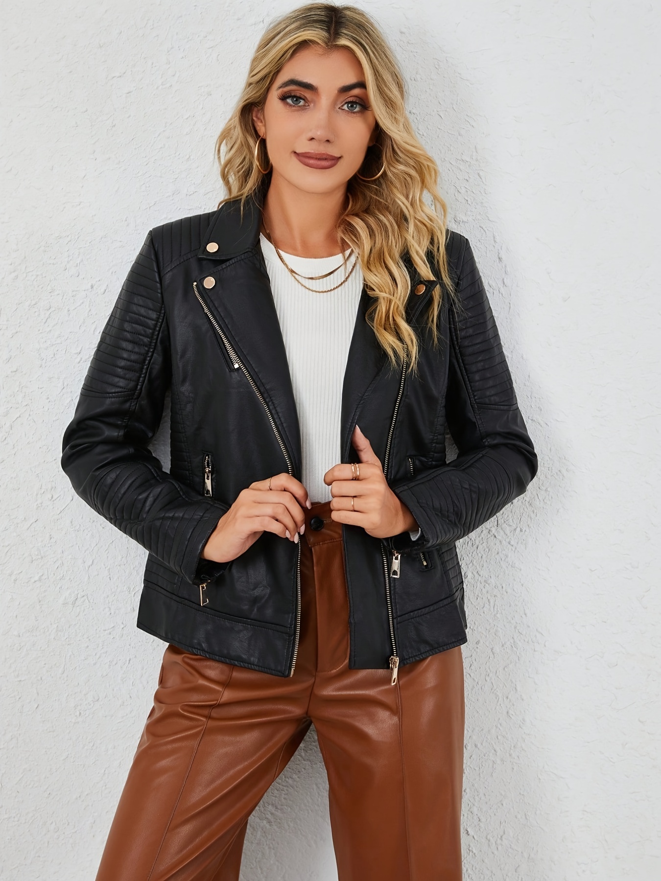 Solid Faux Leather Jacket Street Wear Zipper Moto Jacket - Temu