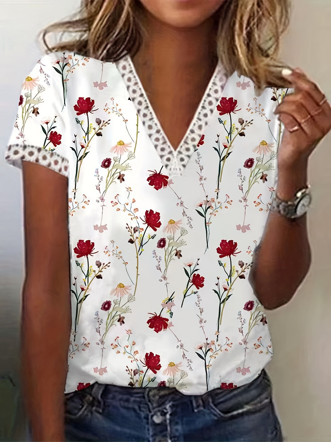 Plus Size Casual T shirt Women's Plus Contrast Lace Trim - Temu Canada