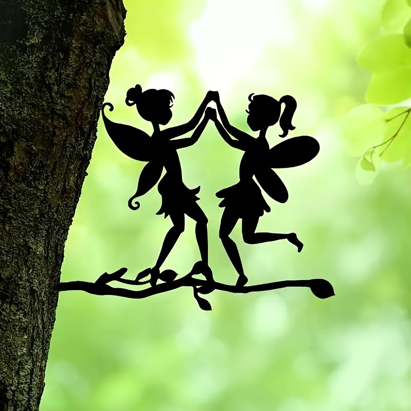 

1pc, Add A Magical Touch To Your Garden With This 2 Elves On Branch Steel Silhouette Metal Wall Art Decoration, Home Decor, Scene Decor, Theme Party Decor