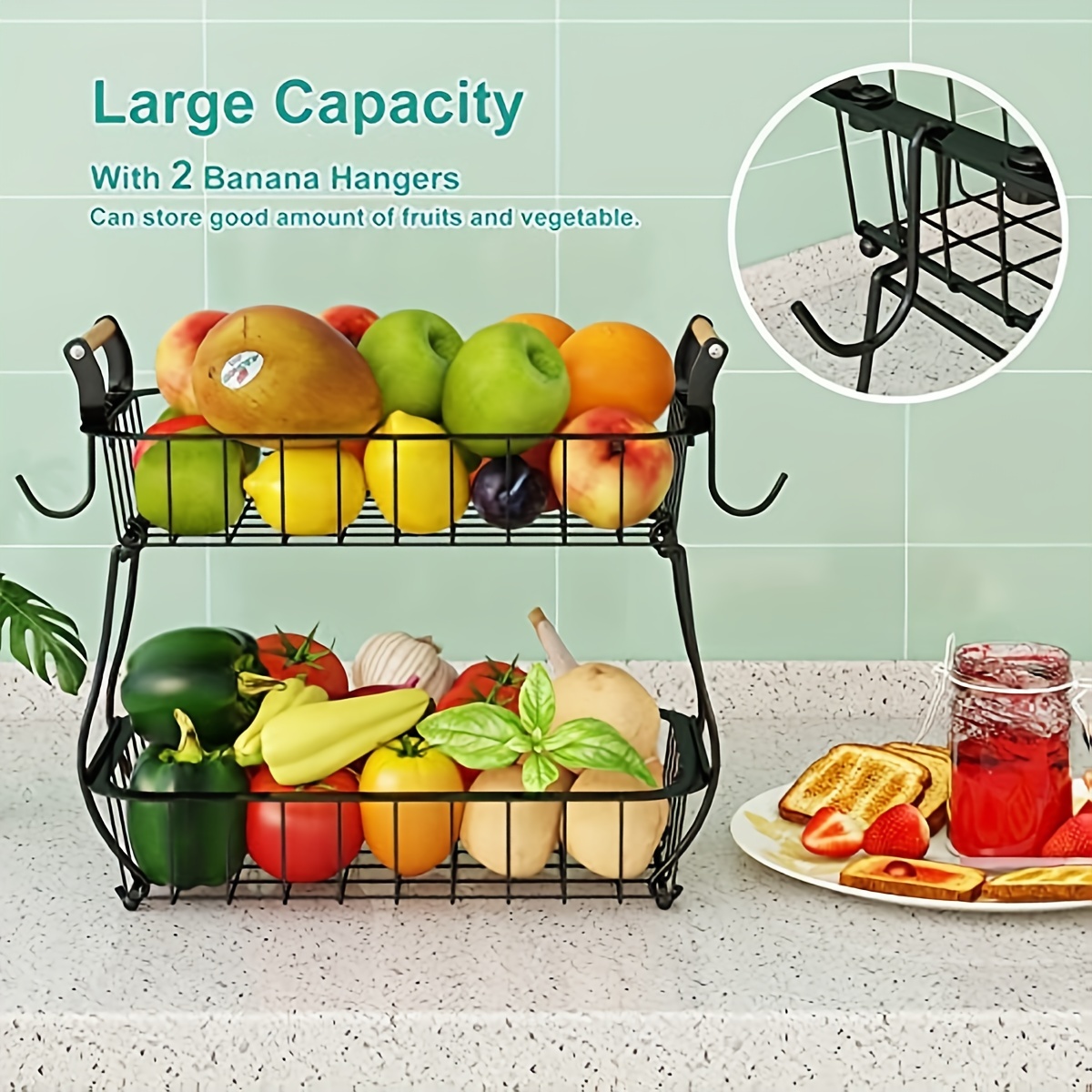 Fruit Basket Bowl, Vegetable Storage for Kitchen, 3-Tier Countertop Fruits  Holder Rack with Banana Hanger, Food, Snack, and Bread Detachable Organizer  Stand for Gift Large Capacity Fruit Tray