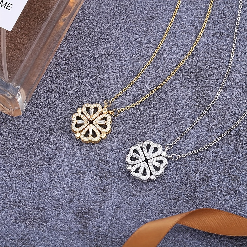 THE IMITATION Four Leaf Clover Necklace For Women Stainless Steel Gold  Chain Magnet Love Heart Pendant