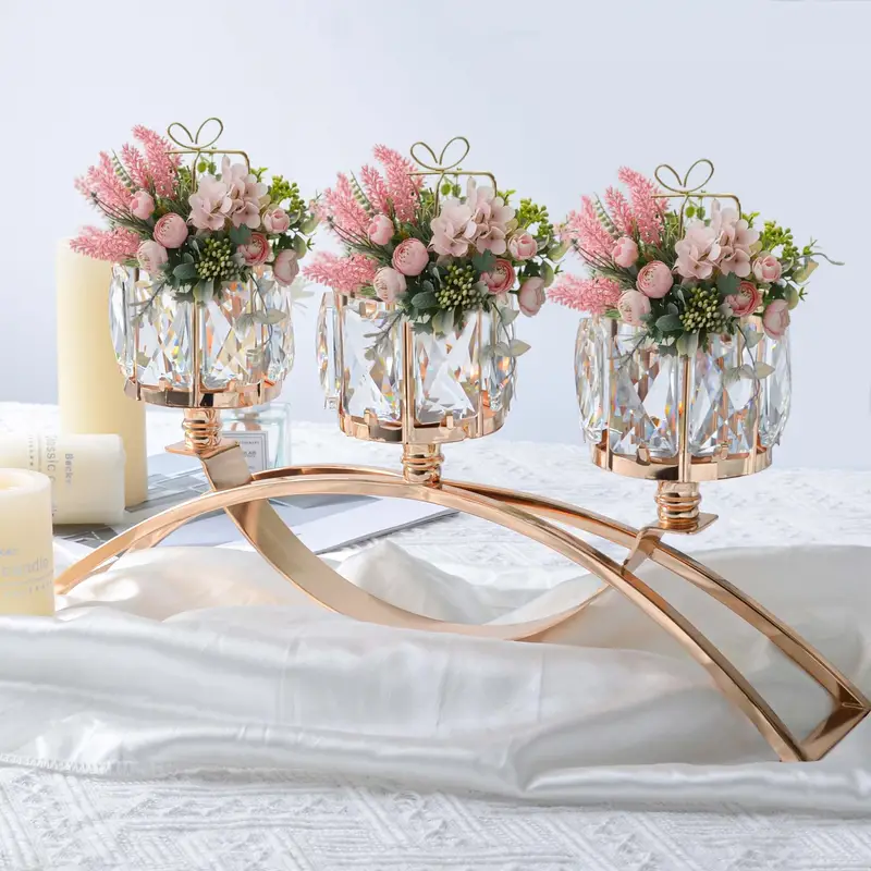 LAMORGIFT 3 portavelas de cristal dorado de huracán, candelabros  geométricos para decoración de mesa de boda, portavelas de pilar de vidrio  para