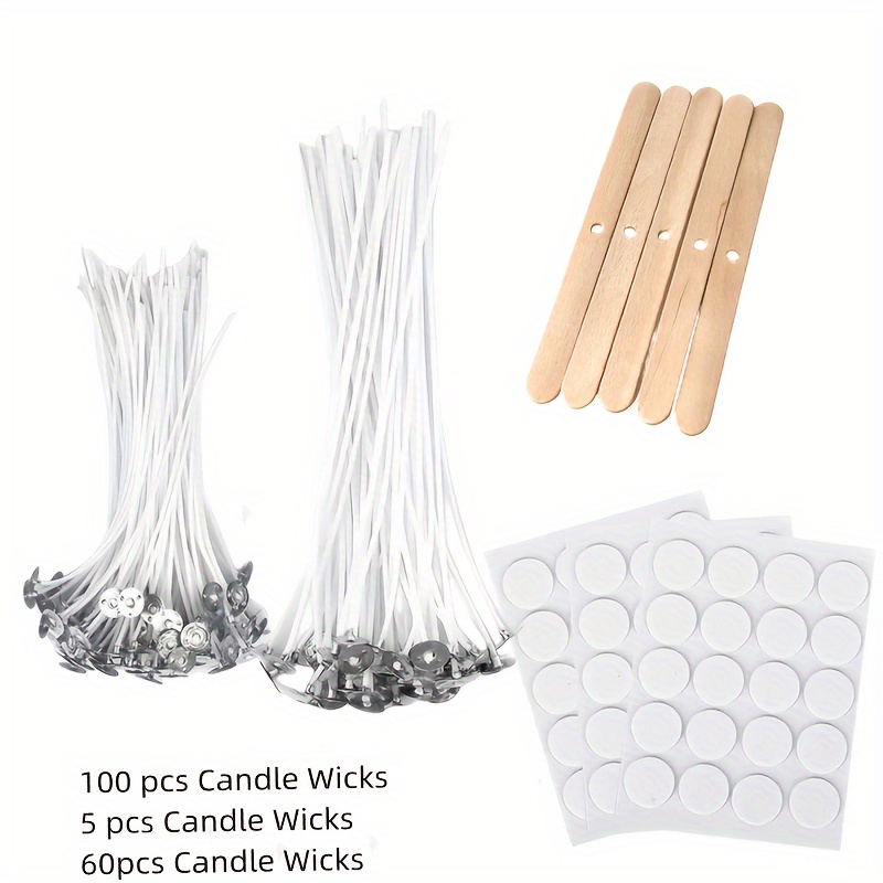 Bulk Candle Wicks 100 Pcs with 60pcs Candle Wick Stickers and 10 Pcs Wooden Candle Wick Centering Device for Soy Beeswax Candle Making (6inch)