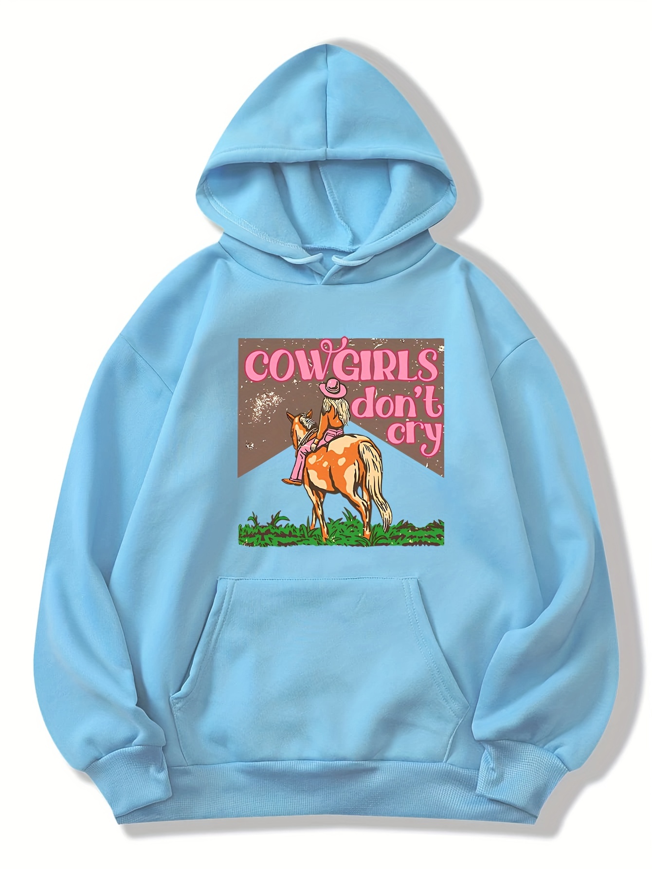 Cowboy Print Hoodie, Casual Pocket Long Sleeve Drawstring Hoodies