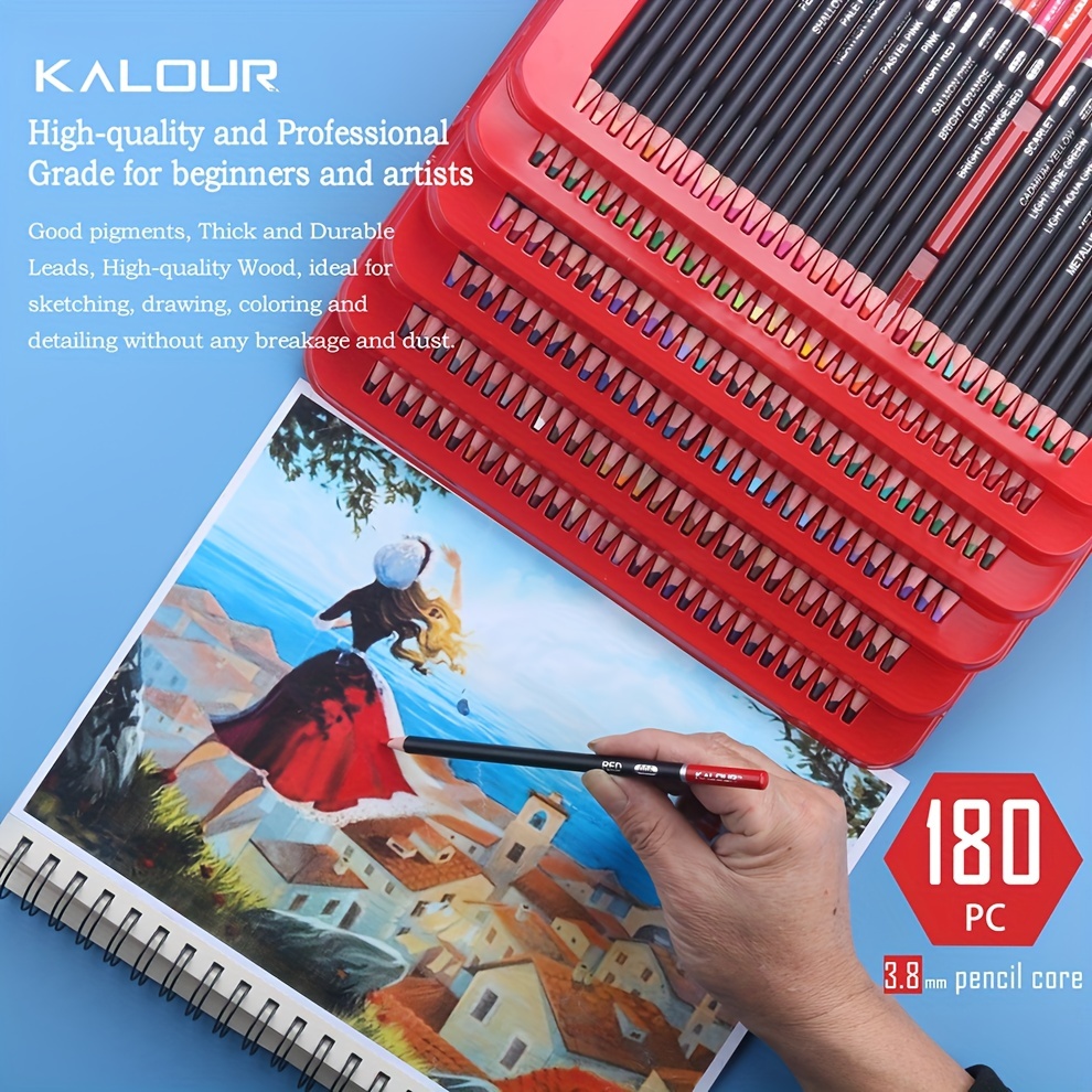 KALOUR 180 Colored Pencil Set for Adults Artists Kids- 3.8mm Rich Pigment Soft Core -12 Metallic Pencil - Wax-Based - Ideal for Coloring Drawing