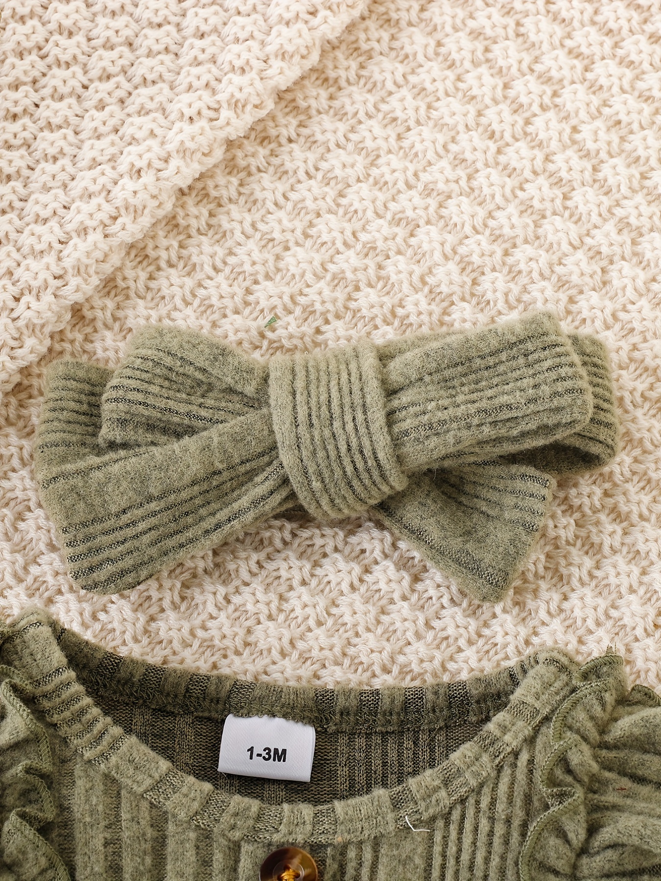 3pcs baby girl   lace bow onesie & headband & socks set fall winter warm outwear   mom's gift matcha color 2