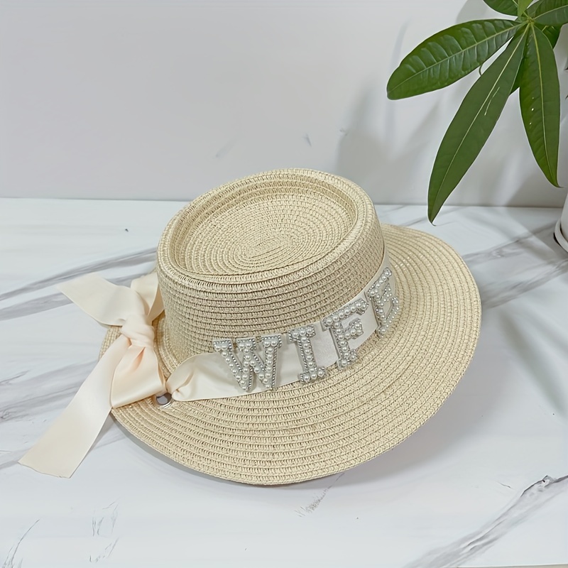 1pc, BRIDE,WIFE,MRS Bow Flat Grass Hat British Vintage Bridal Hat Beach Bikini Sun Hat Party Hat, Headwear, Daily Party Supplies, Party Home