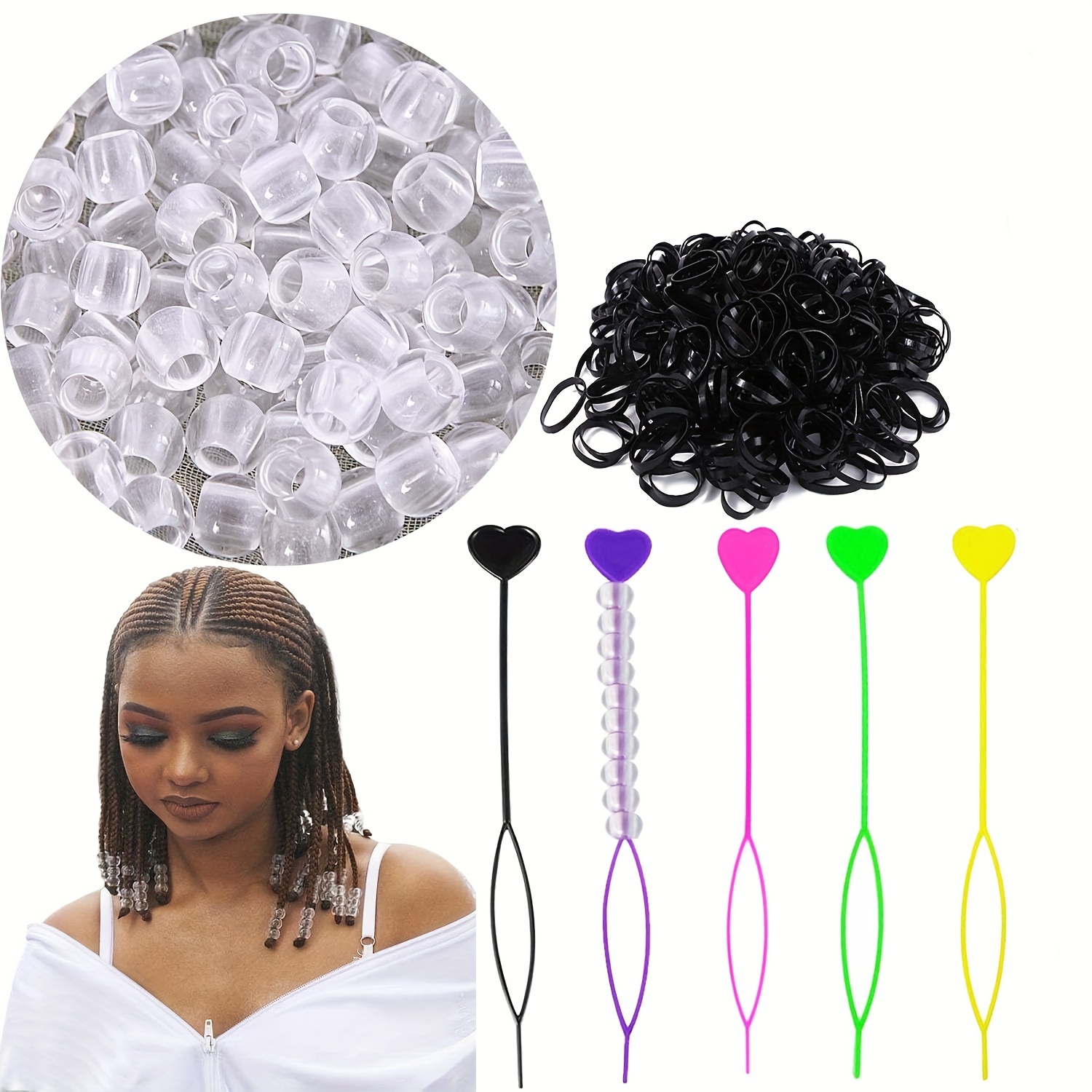 406Pcs Hair Beads Set for Girls Hair Braids Including 200Pcs 10x12mm  Rainbow Hair Beads 200Pcs Elastic Rubber Bands 1Pcs Rat Tail Comb 5Pcs  Quick