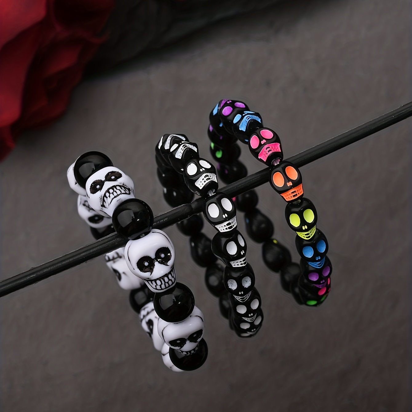 Women's Punk Style Skull Bead Bracelets 3pcs Elastic Stretch Wristbands