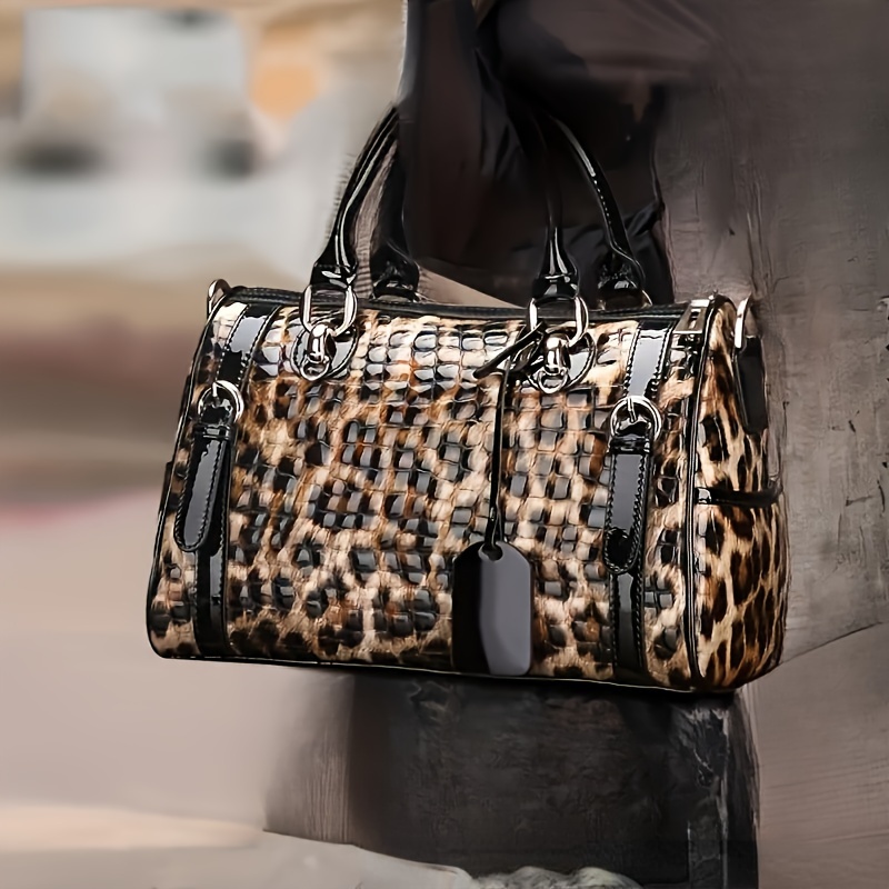 Leopard Pattern Handbag Purse, Fashion Leather Boston Bag, Women's