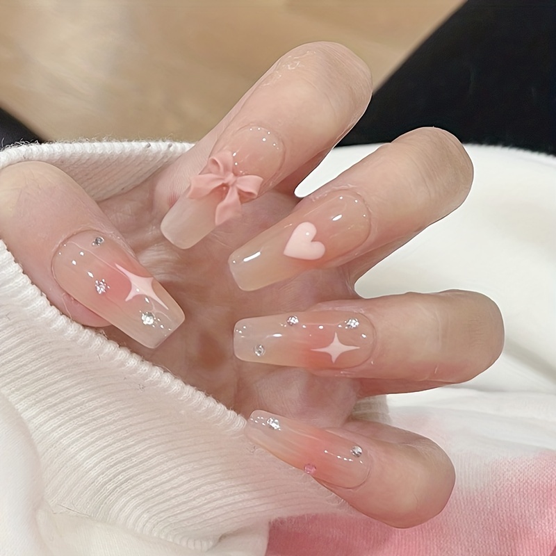 Pink Rhinestone Heart Valentine Press on Nails 