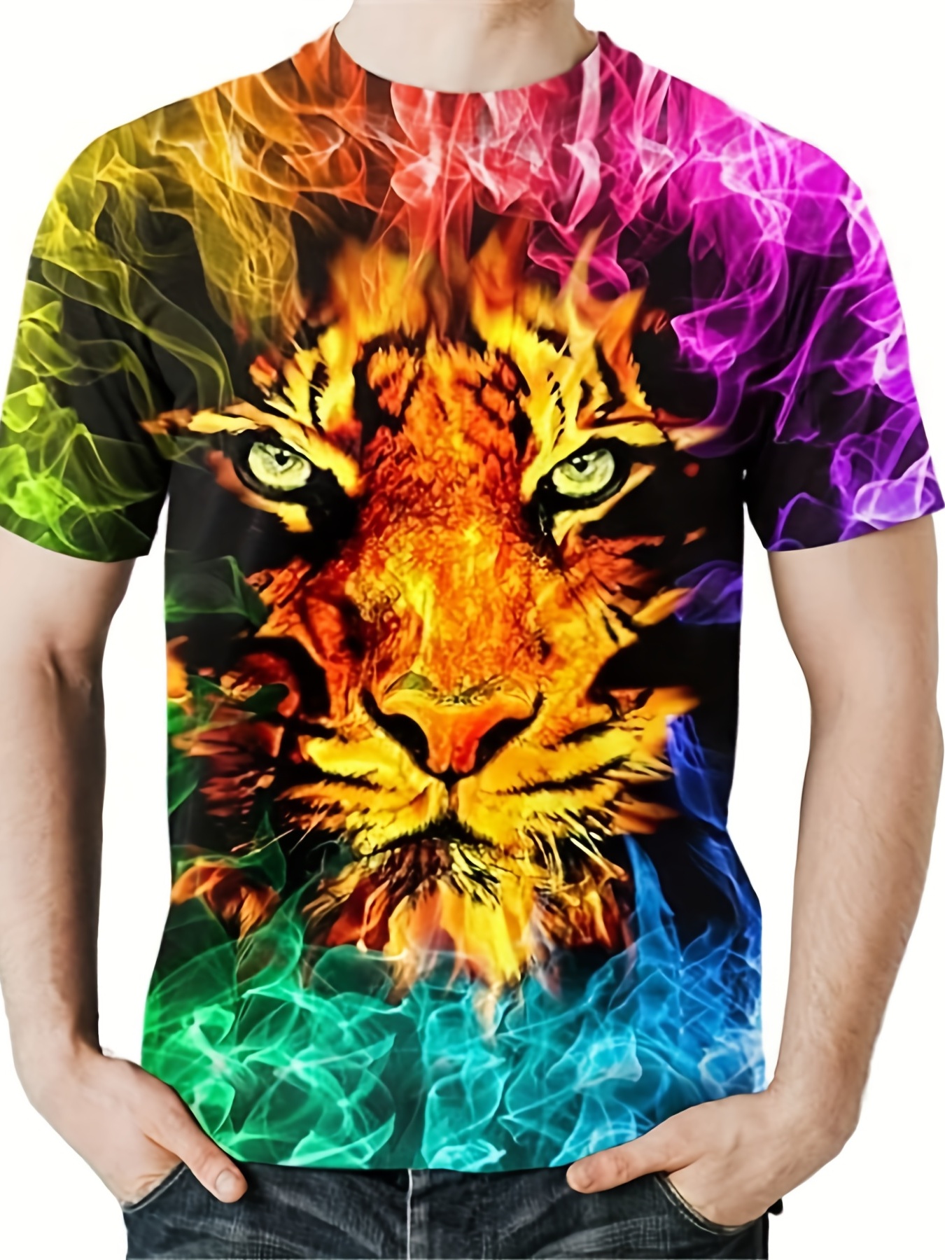 All Over Colorful Print Men's T-shirt For Summer, Casual Stretch