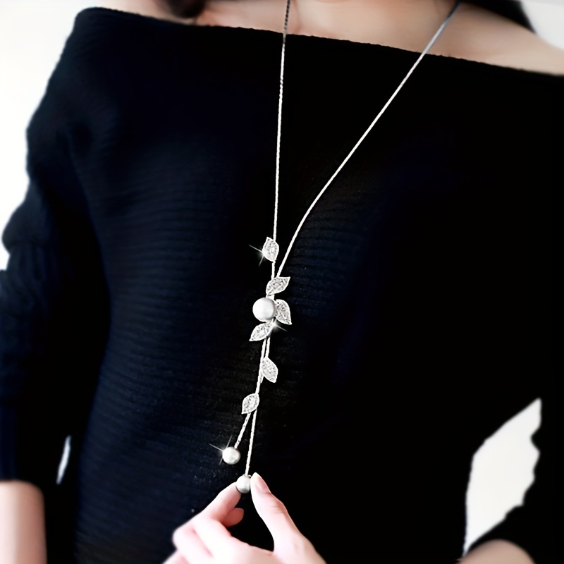 Leaf Shape Imitation Pearl Leaf Tassel Long Sweater Chain Female Clothing Pendant Necklace details 5