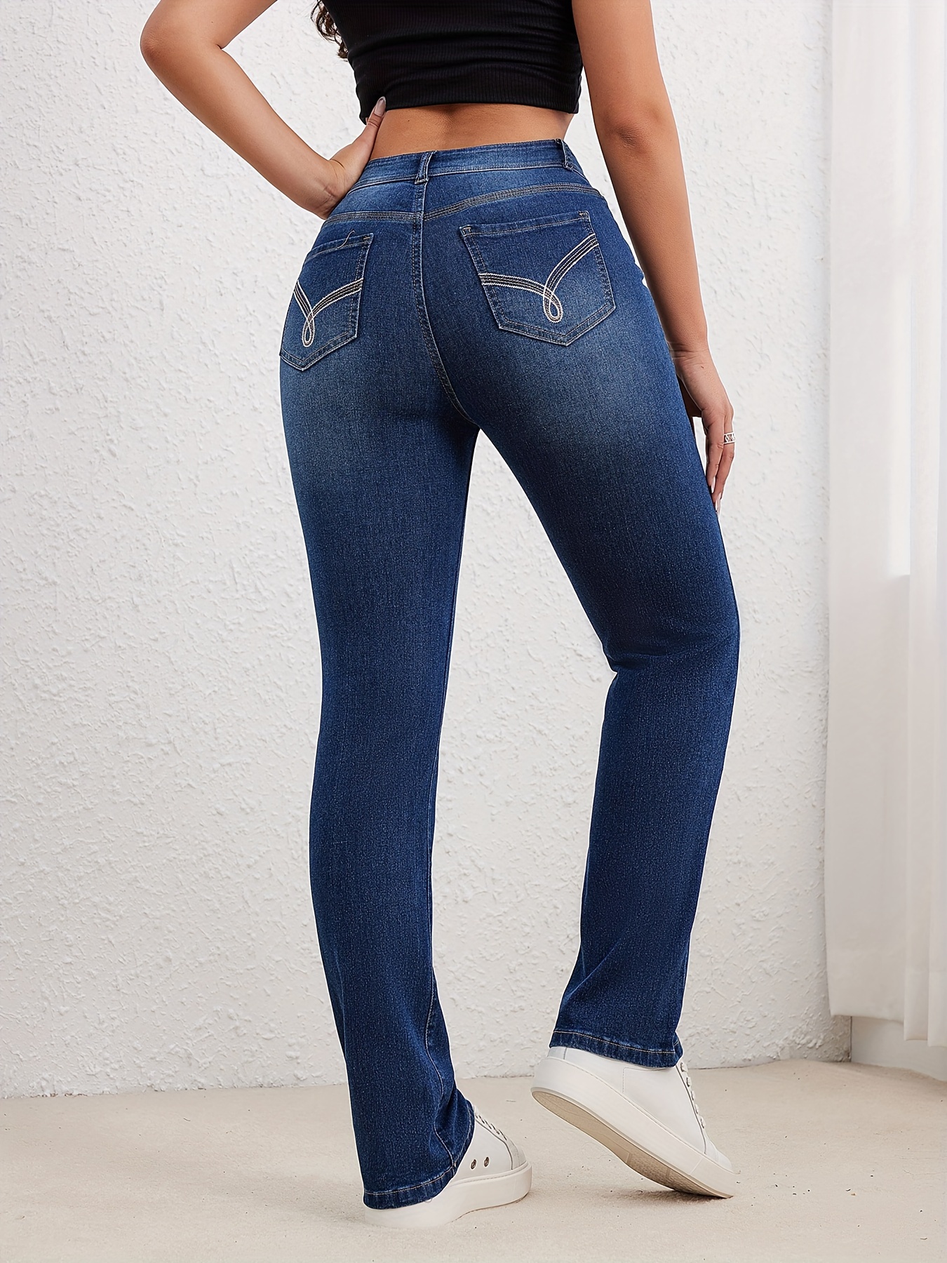 Blue Double Button Capris Denim Jeans Slim Fit High Stretch - Temu Australia