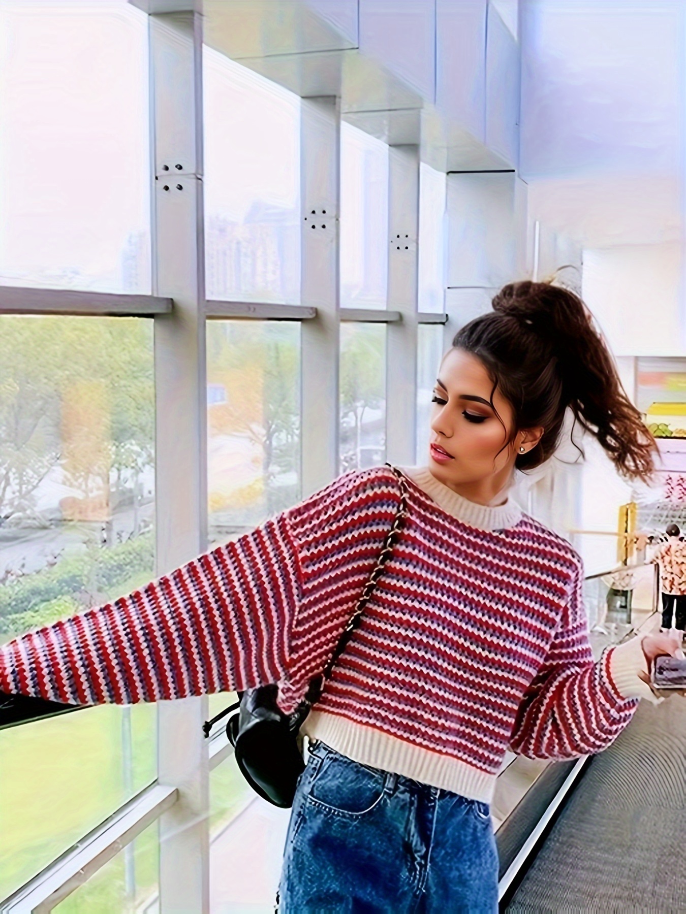 Teen Girls Casual Striped Loose Crop Sweater Long Sleeve - Temu