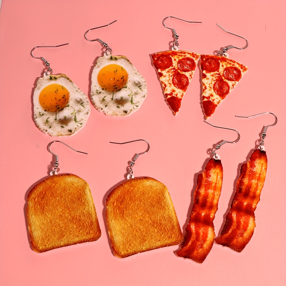 Food Dangle Earrings, Acrylic Fried Egg Pizza Toast Design
