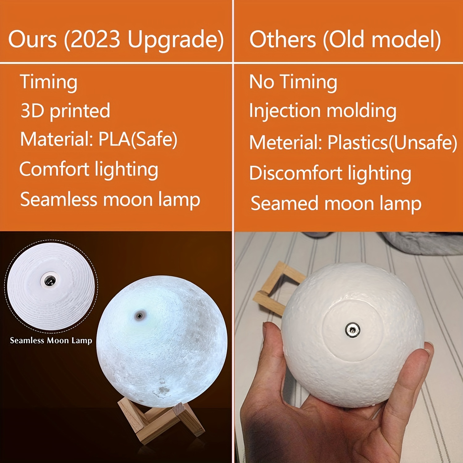 1pc 2023 moon light with timing function pla material 3d printing night light rechargeable night light touch and remote control switch dimmable night light 16 led colors diameter 18cm details 4