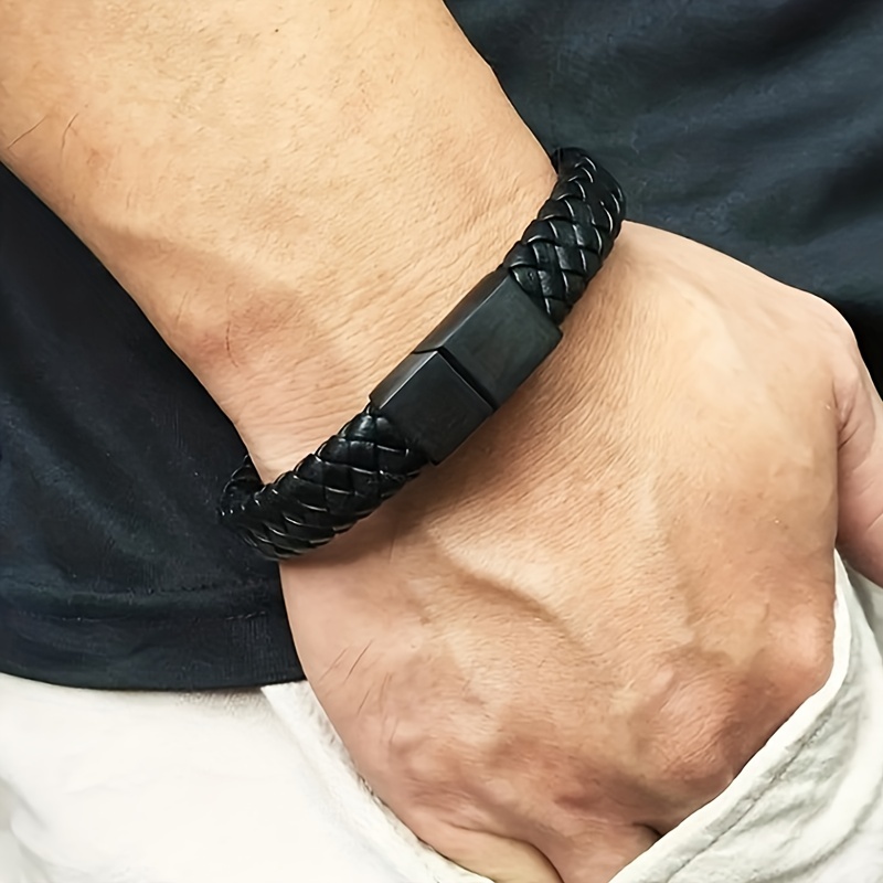 Men's Vintage Stainless Steel Chain Leather Bracelet, Easy Braid