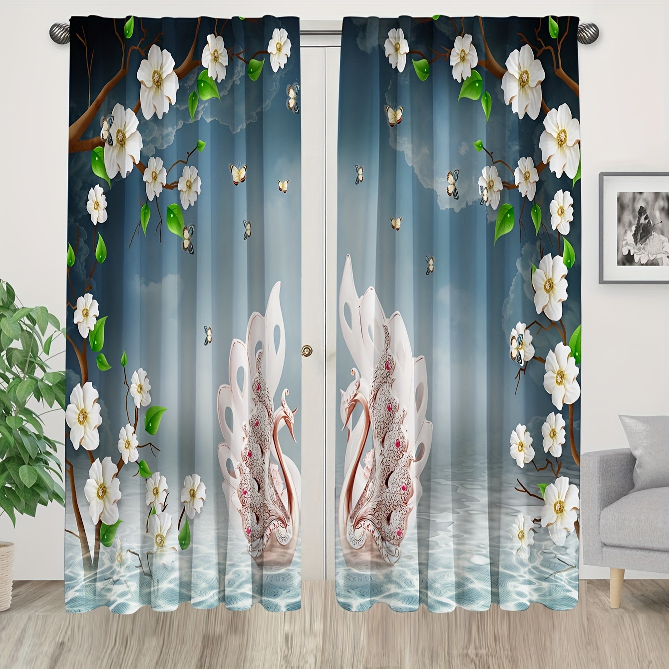  TKTTBD Hermosas cortinas opacas de pavo real, cortinas  estampadas con flores de magnolia, 2 paneles, cortinas de ventana, cortina  de ventana con aislamiento térmico con ojales para dormitorio, sala de  estar (