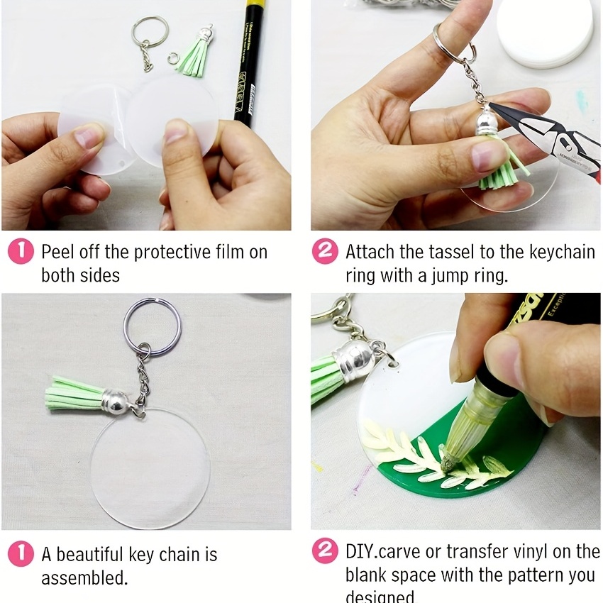 120 pcs Acrylic Keychain Blank with Key Rings: Tassels Key Chain for Craft  Bulk Keychain Rings Acrylic Keychain Blanks Rings Key Chain Kit Silver