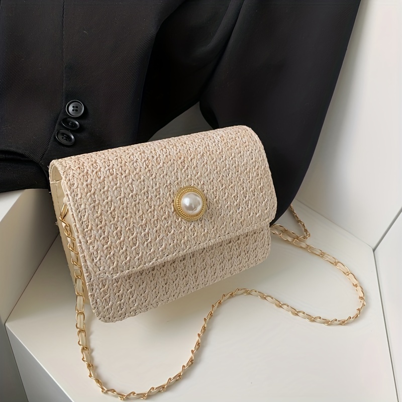 Two Tone Faux Pearl Decor Chain Crossbody Bag