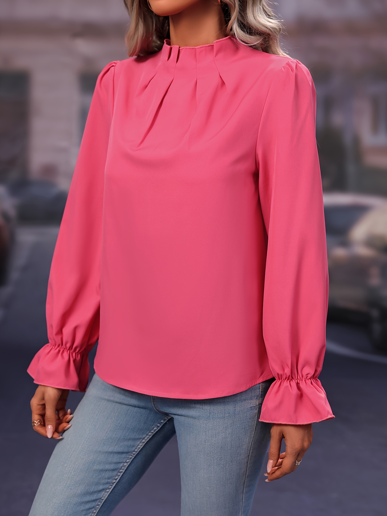 Tucked Ruffle Trim Blouse Casual Keyhole Long Sleeve Blouse - Temu