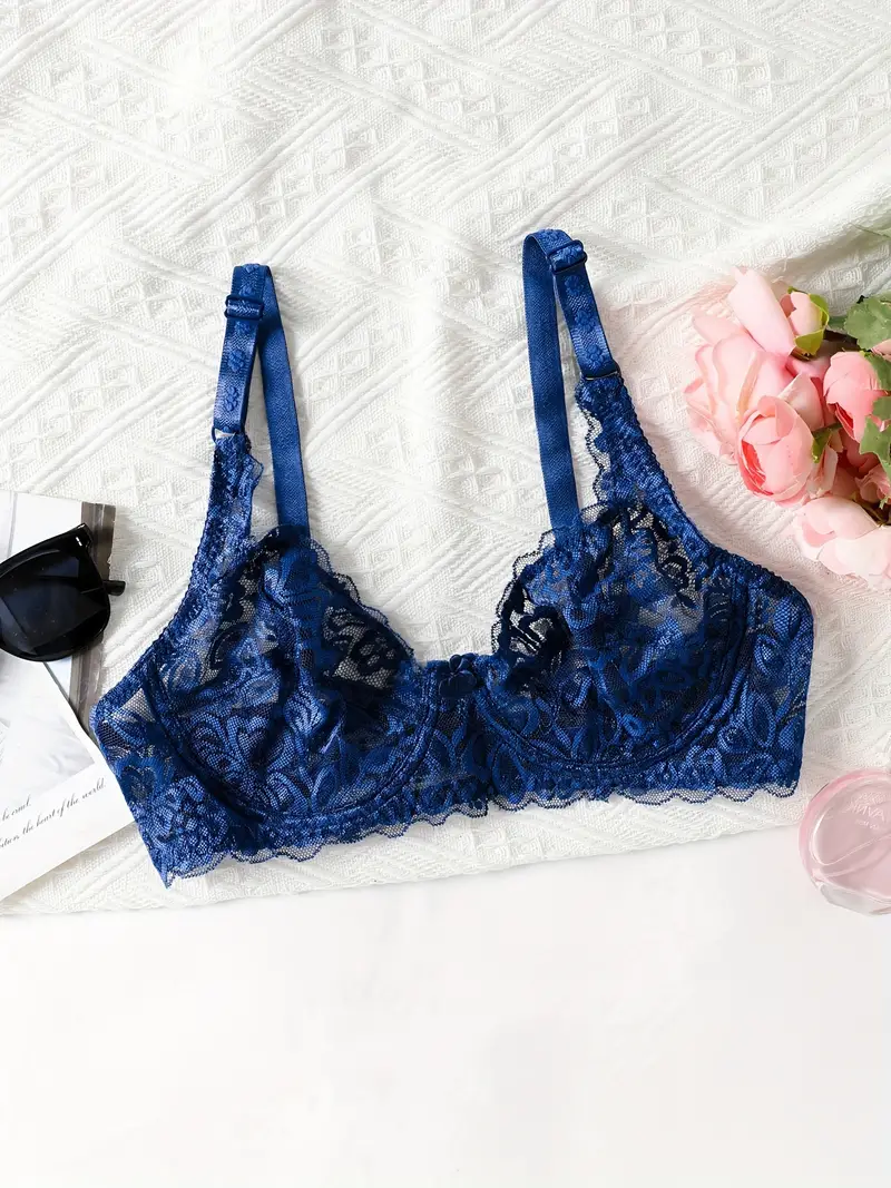 Solid Floral Lace Bra, Comfy & Breathable Semi Sheer Bra, Women's Lingerie  & Underwear